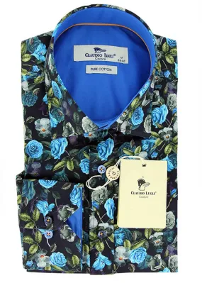 Claudio Lugli Mens Blue Florals Overhemd Blue