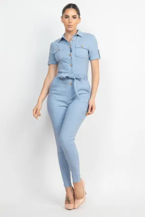 Collared Waist-tie Buttoned Jumpsuit