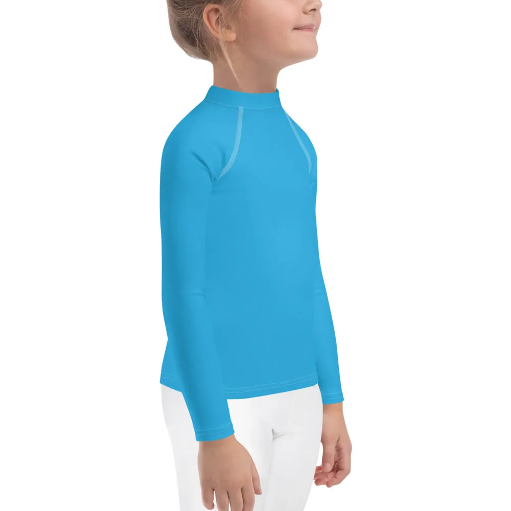 Cool Comfort: Kid's Girls Long Sleeve Rash Guards in Solid Color - Cyan