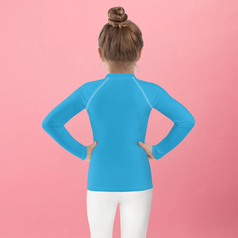 Cool Comfort: Kid's Girls Long Sleeve Rash Guards in Solid Color - Cyan