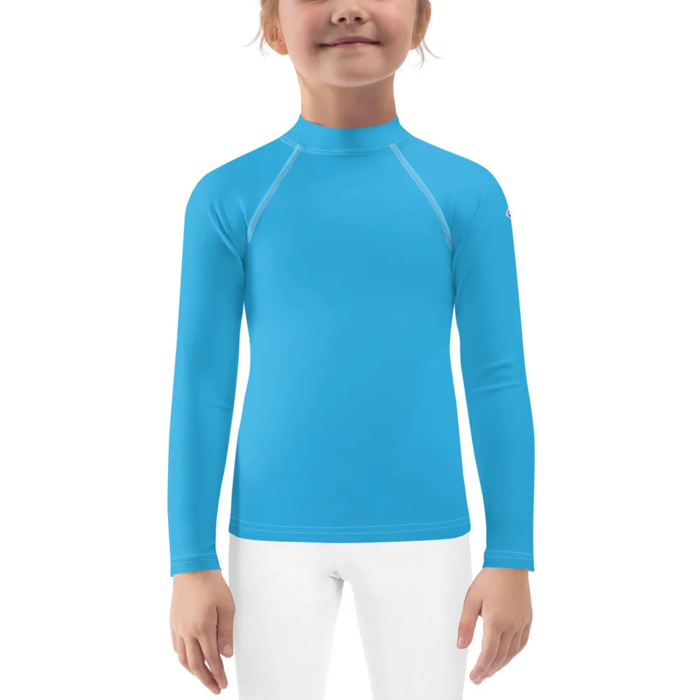 Cool Comfort: Kid's Girls Long Sleeve Rash Guards in Solid Color - Cyan