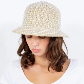 Cream Pearl Rhinestone Embellished Straw Bucket Hat