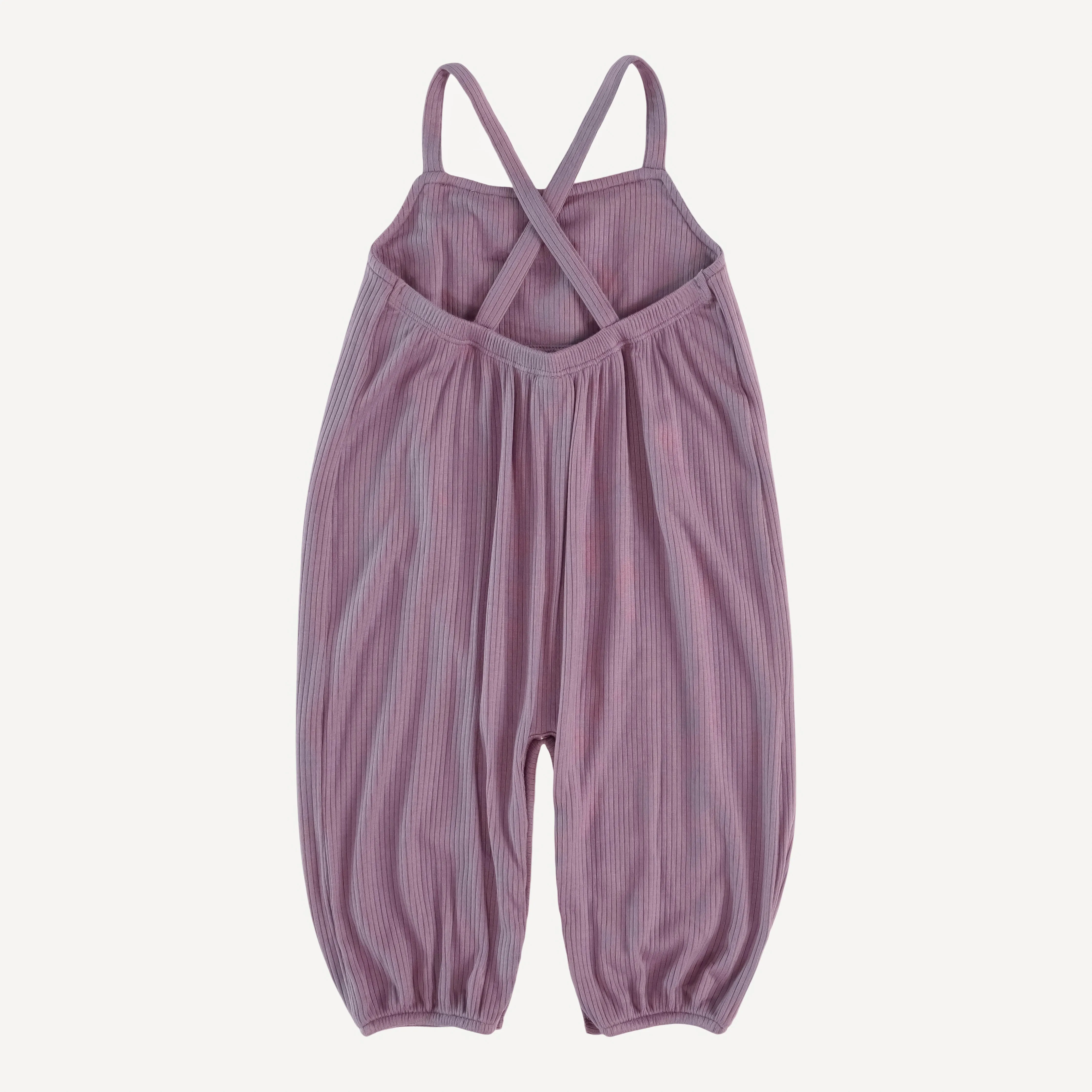 cross back spaghetti strap bubble jumpsuit | plum mauve | modal skinny rib