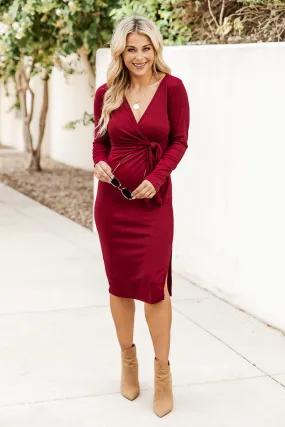 Daring Heart Ribbed Midi Burgundy Dress