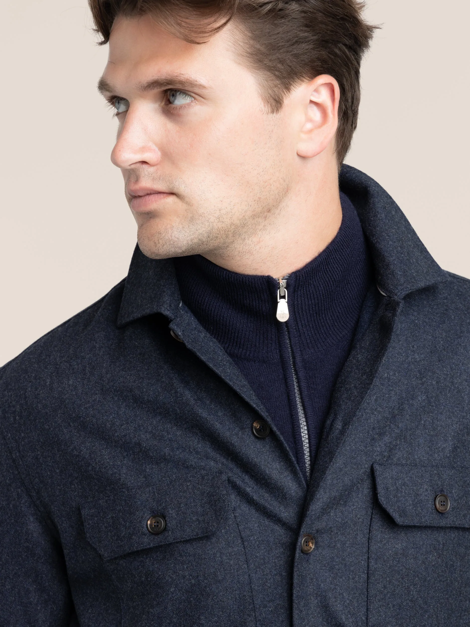 Dark Blue Virgin Wool Flannel Overshirt