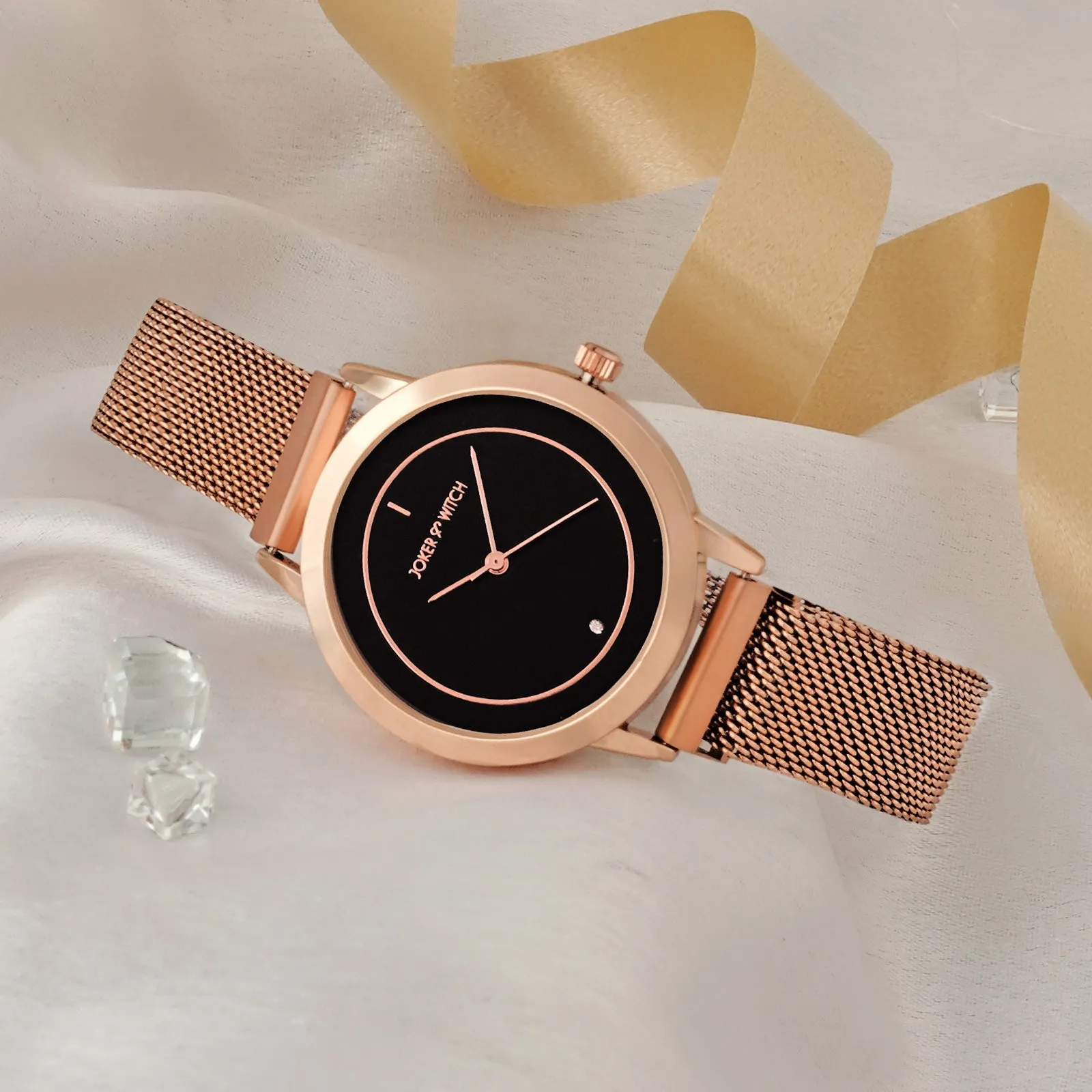 Eclipse Black Dial Rosegold Magnetic Mesh Strap Watch