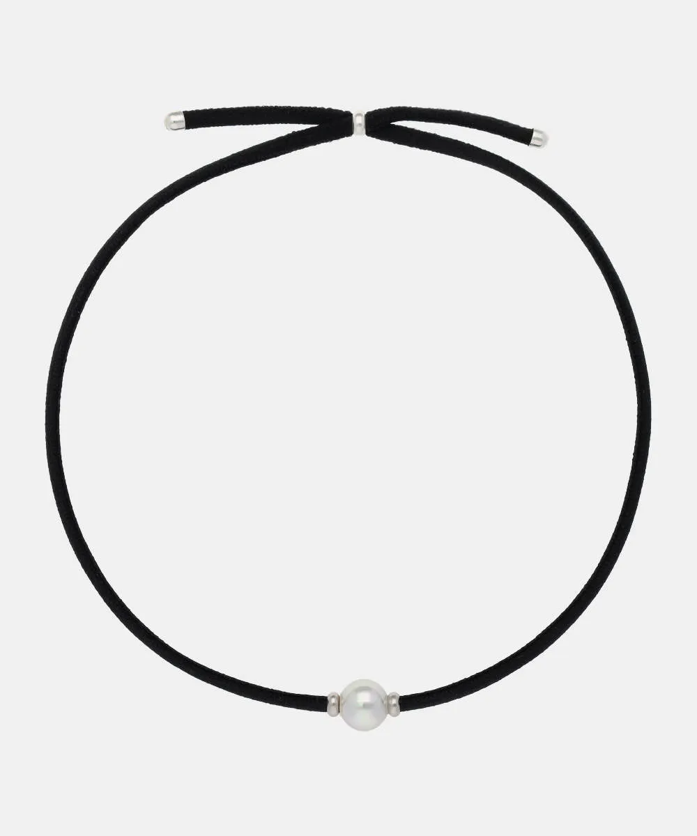 Elastic Black Necklace for Women with Organic Pearl, 10mm Round White Pearl, Adjustable 19.6 Length, Sifnos Collection