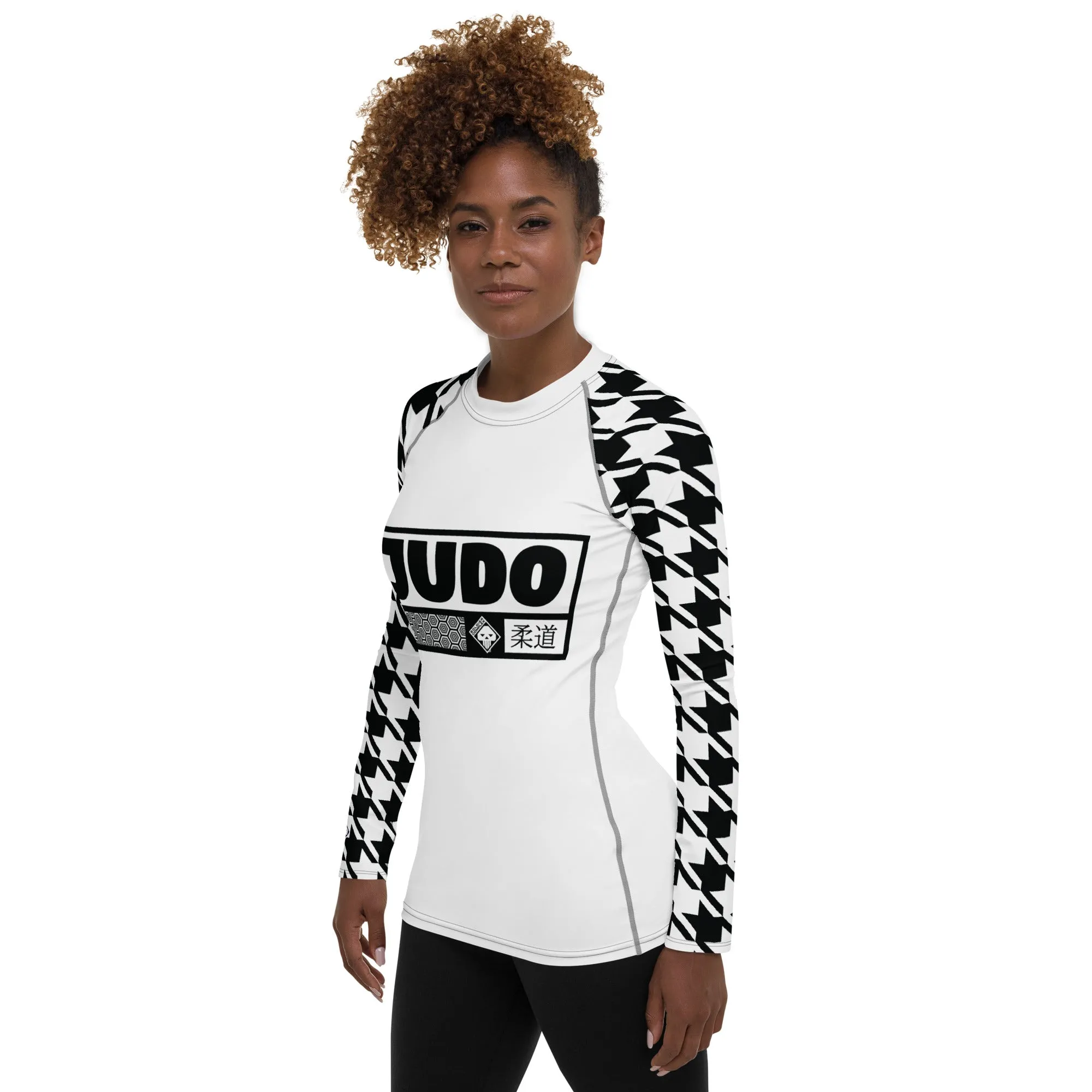 Elegant Performance: Women's Judo Houndstooth BJJ Rash Guard Blanc