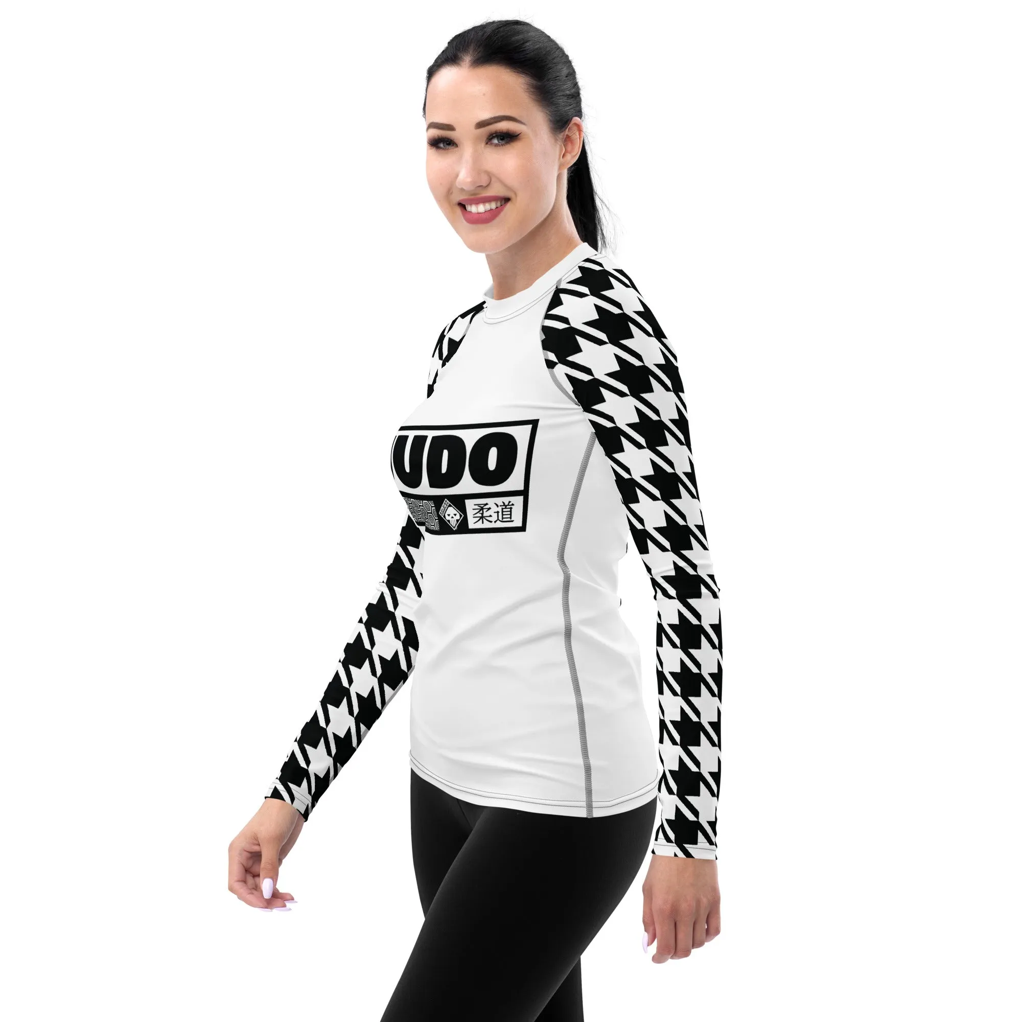 Elegant Performance: Women's Judo Houndstooth BJJ Rash Guard Blanc