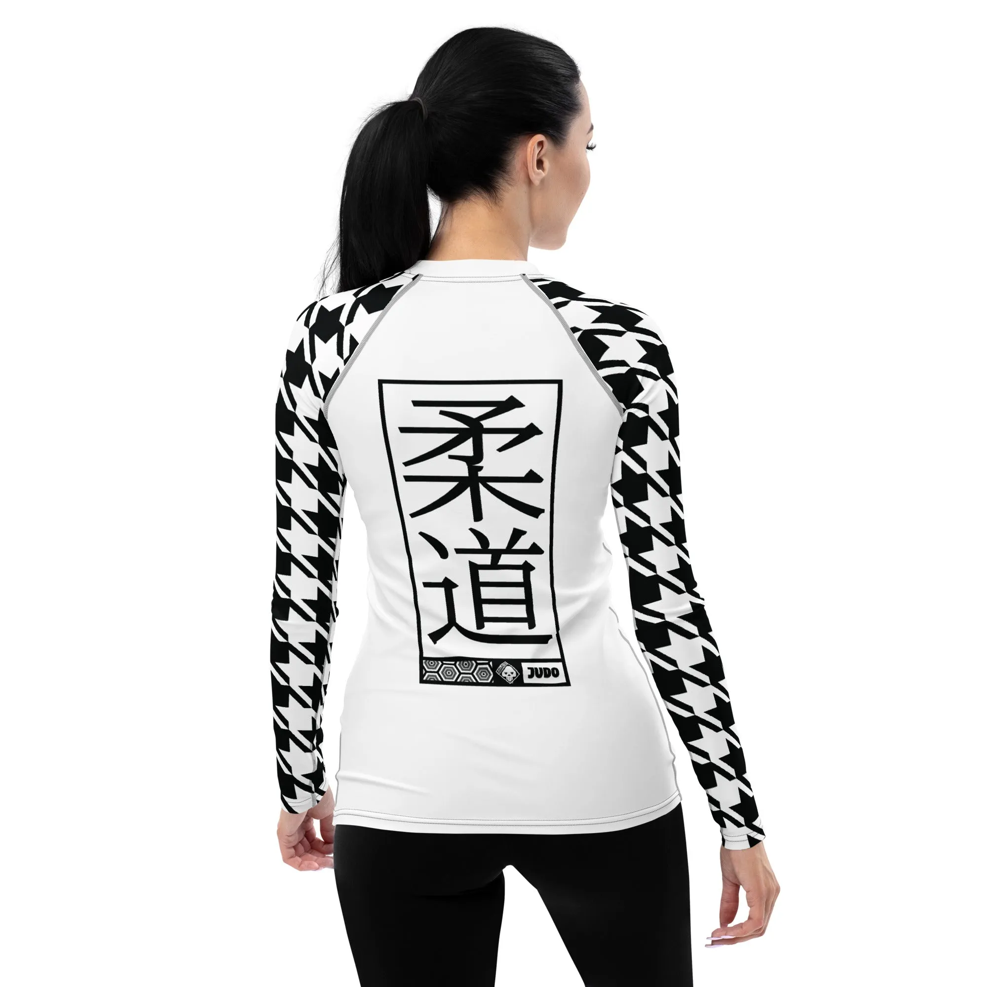 Elegant Performance: Women's Judo Houndstooth BJJ Rash Guard Blanc