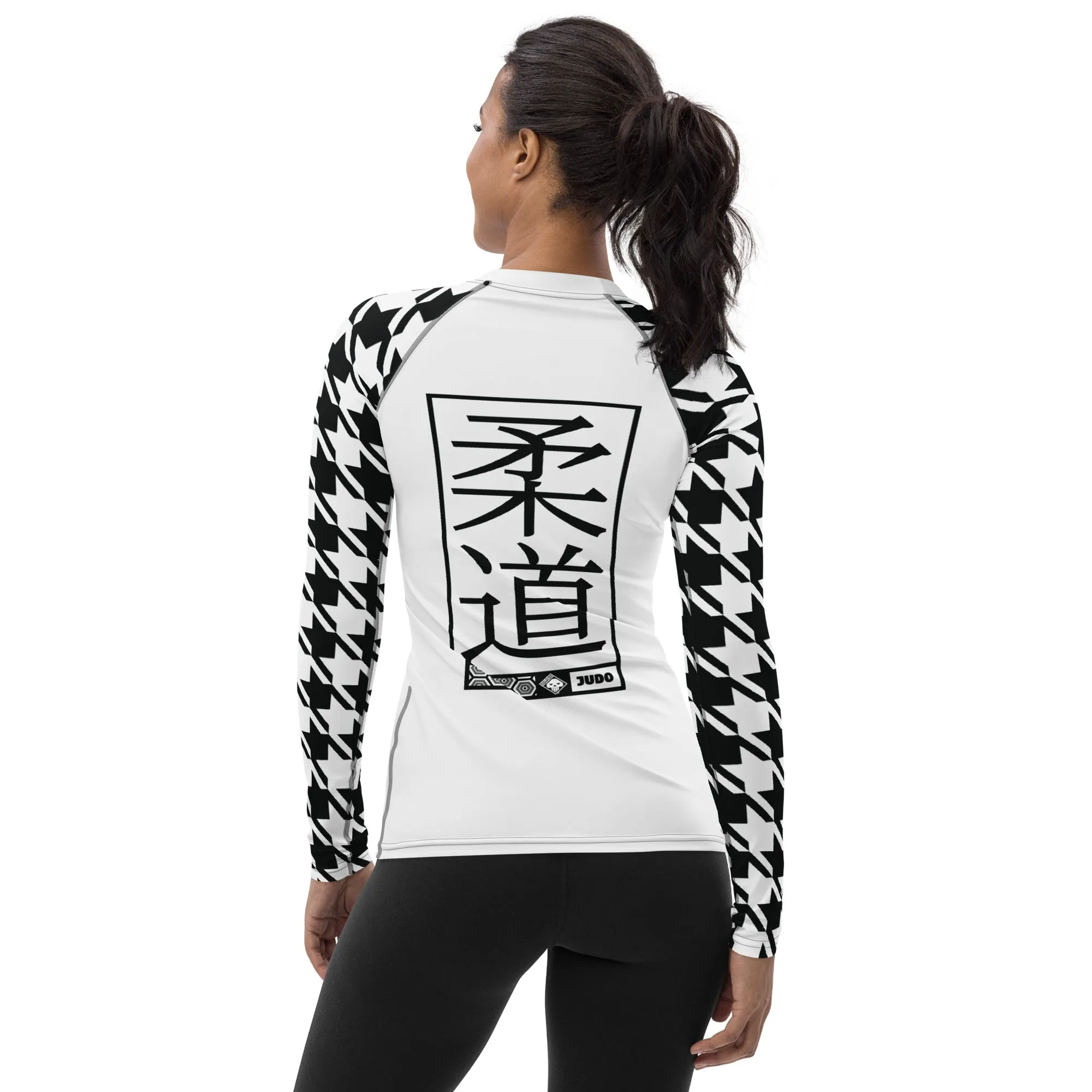 Elegant Performance: Women's Judo Houndstooth BJJ Rash Guard Blanc