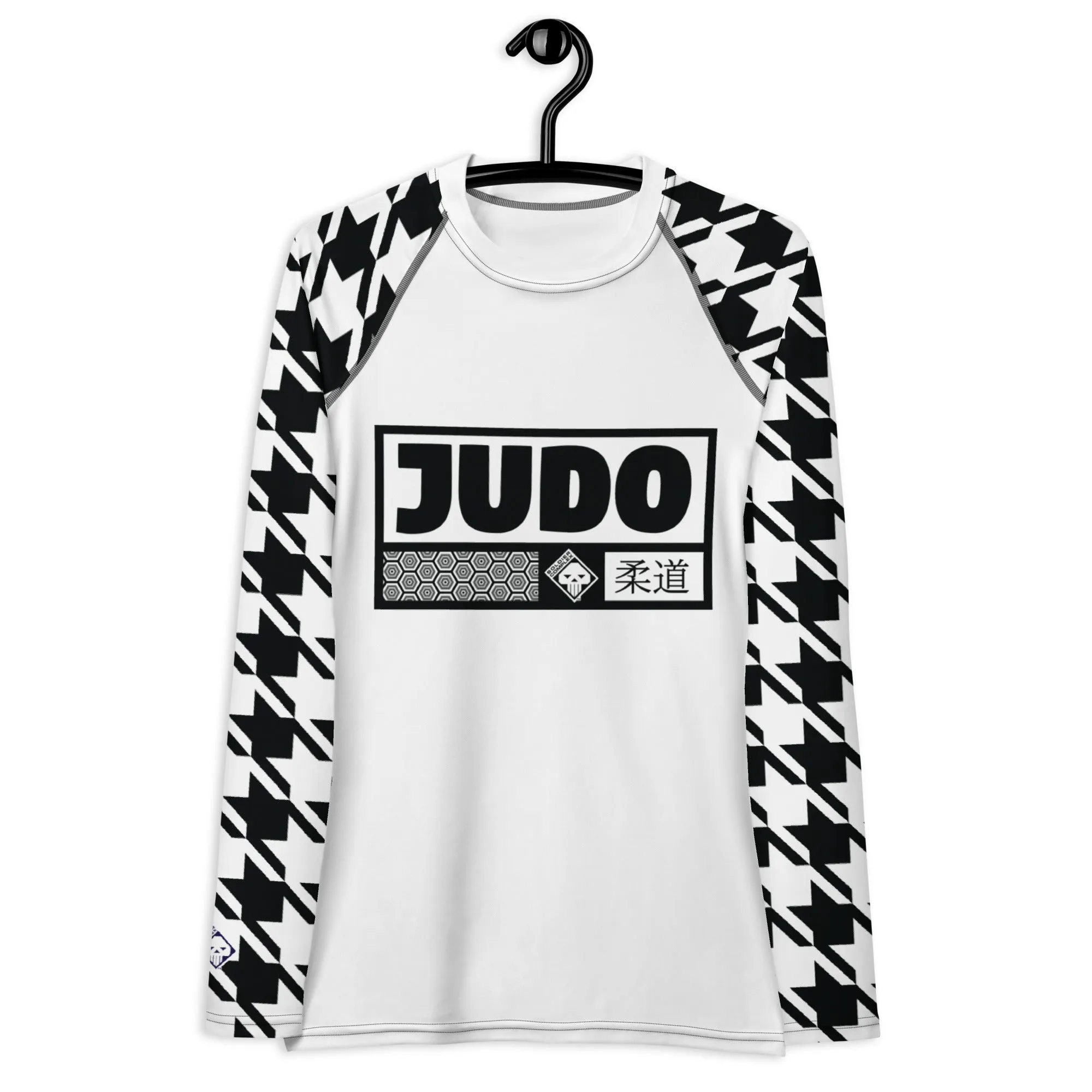 Elegant Performance: Women's Judo Houndstooth BJJ Rash Guard Blanc