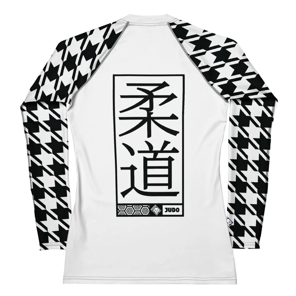 Elegant Performance: Women's Judo Houndstooth BJJ Rash Guard Blanc