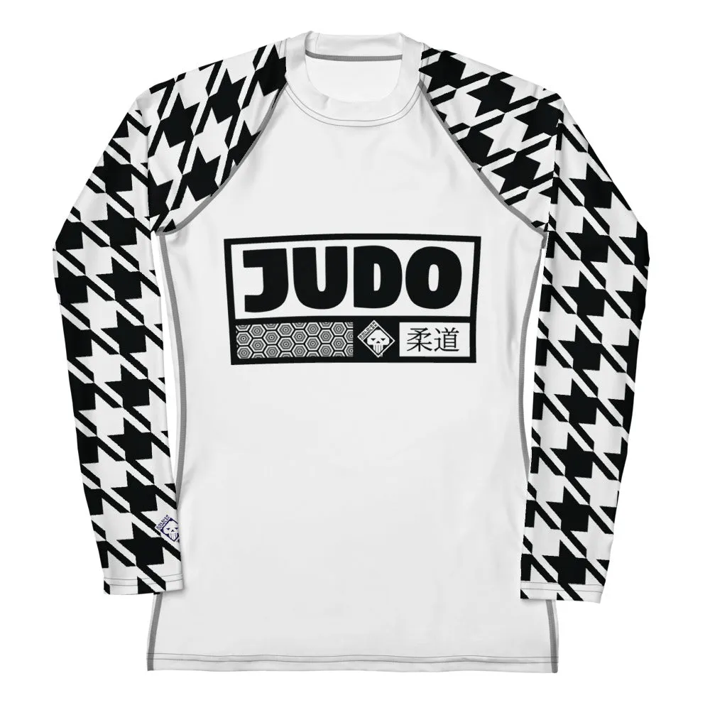 Elegant Performance: Women's Judo Houndstooth BJJ Rash Guard Blanc