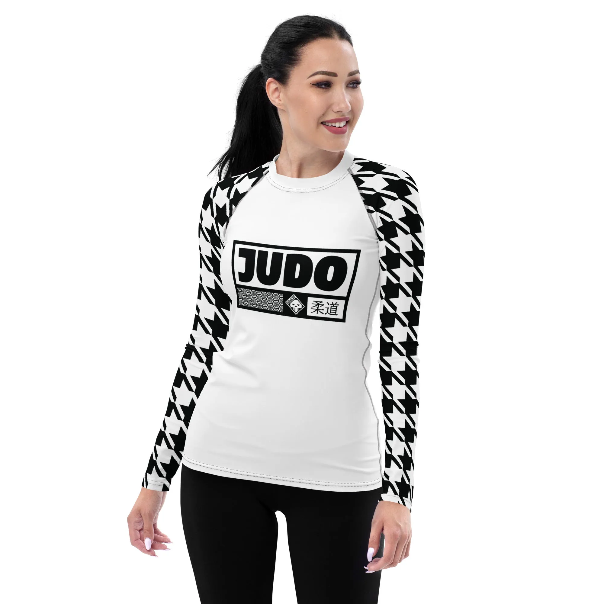 Elegant Performance: Women's Judo Houndstooth BJJ Rash Guard Blanc