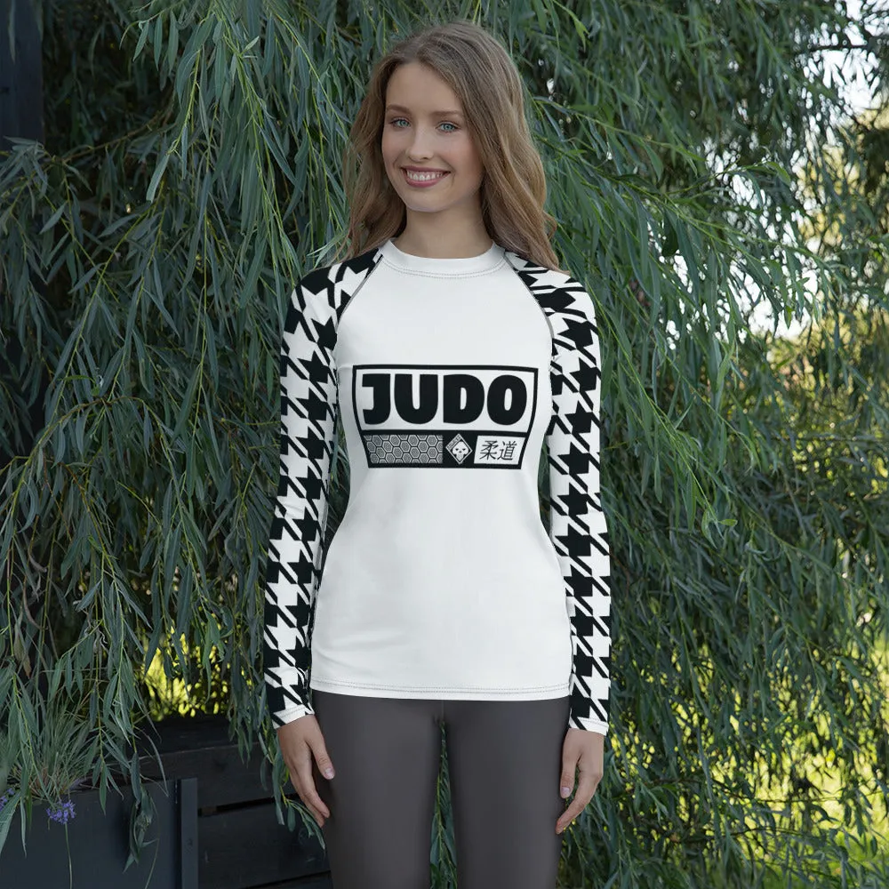 Elegant Performance: Women's Judo Houndstooth BJJ Rash Guard Blanc