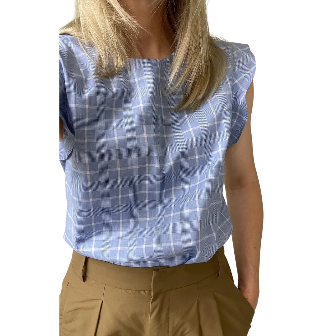 Fieldtrip Reversible Flutter Sleeve Top - Blue Plaid