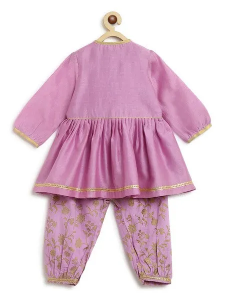 Girls Combo Angrakha Set And Bow Hairclip Gold Print- Purple