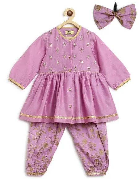 Girls Combo Angrakha Set And Bow Hairclip Gold Print- Purple