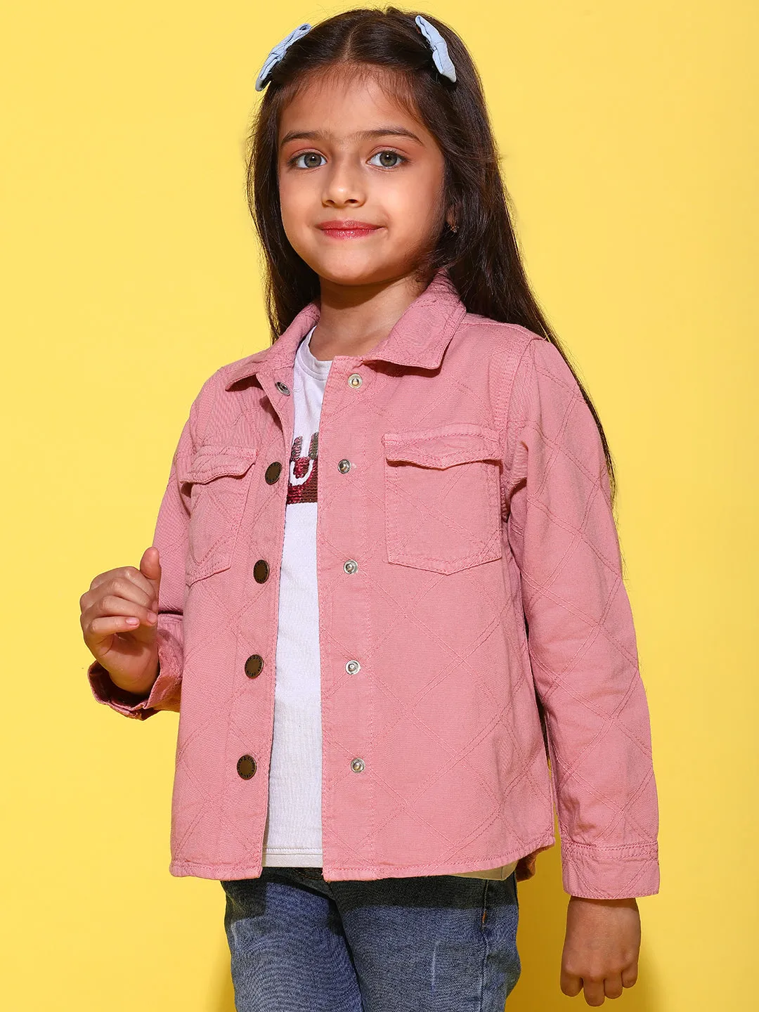 Girls Pink Full Sleeves Cotton Regular Fit Solid Shacket