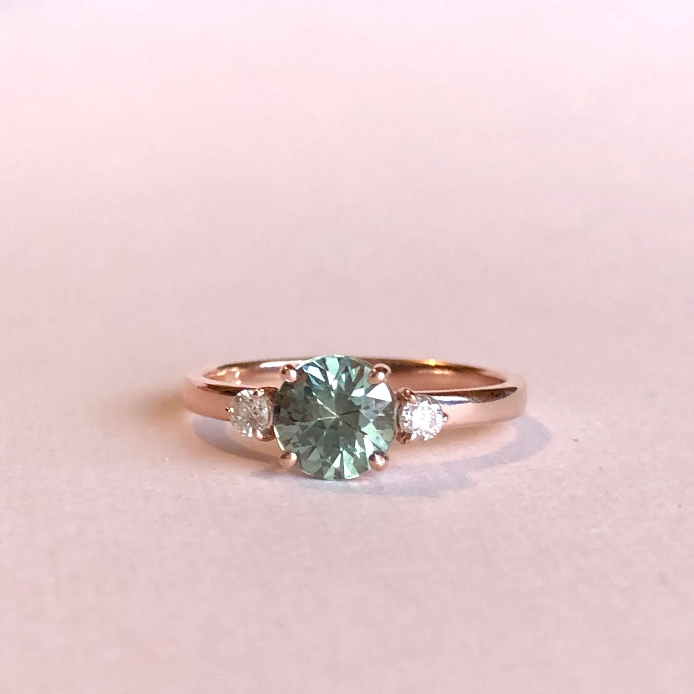 Green Sapphire and Diamond Ring - Three Stone Ring - Round Green Sapphire Ring -