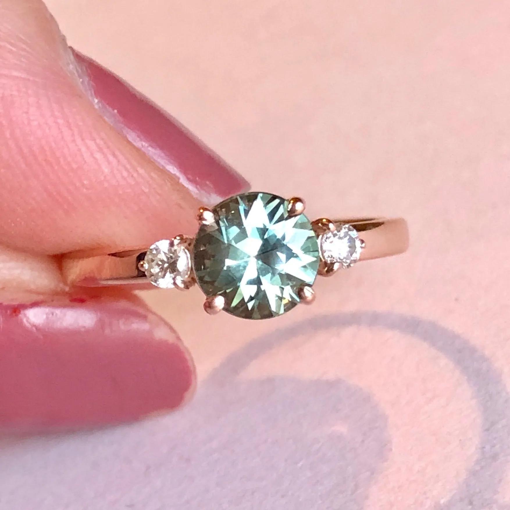 Green Sapphire and Diamond Ring - Three Stone Ring - Round Green Sapphire Ring -