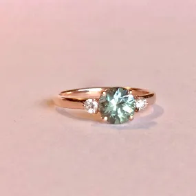 Green Sapphire and Diamond Ring - Three Stone Ring - Round Green Sapphire Ring -