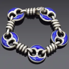 GUCCI 60s Sterling Silver & Blue Enamel Marine Link Bracelet 6.25 inches