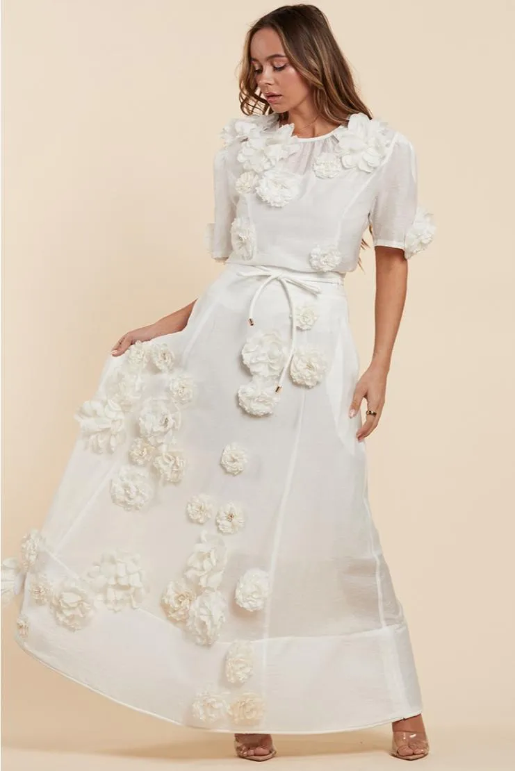 Heavenly White 3D Rose Top and Maxi Skirt Set (Sold Separately)