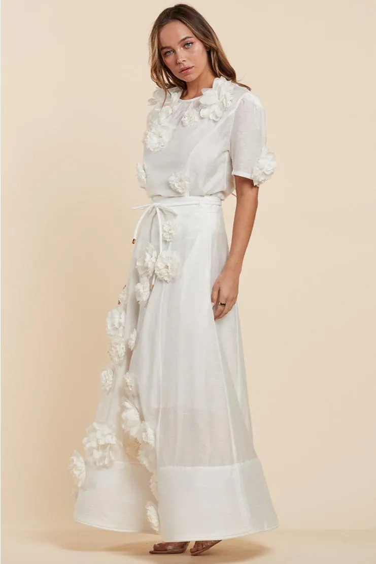 Heavenly White 3D Rose Top and Maxi Skirt Set (Sold Separately)