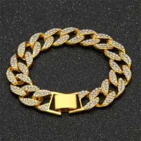 Hip Hop Bracelet- Iced Out 15mm Bling Full Rhinestone Cuban Link Chain