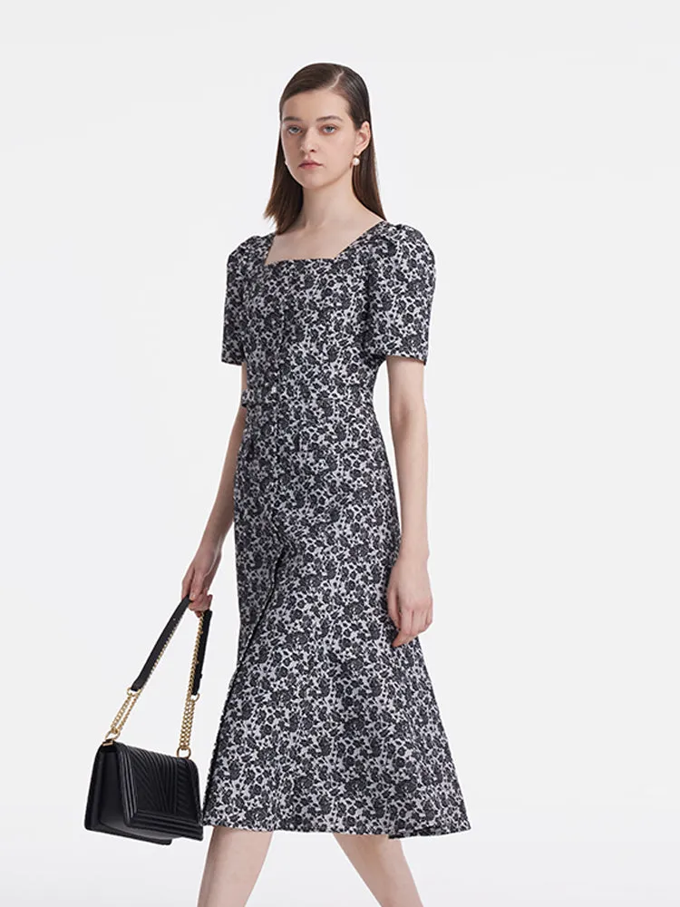 Jacquard Square Neck Women Midi Mermaid Dress