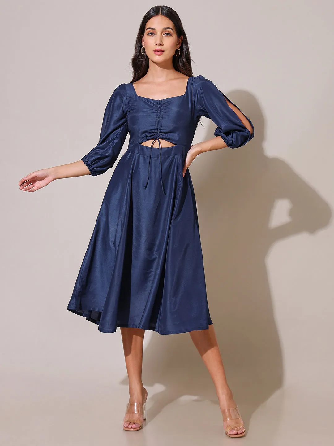 Jheel Solid  Navy Cutout Dress