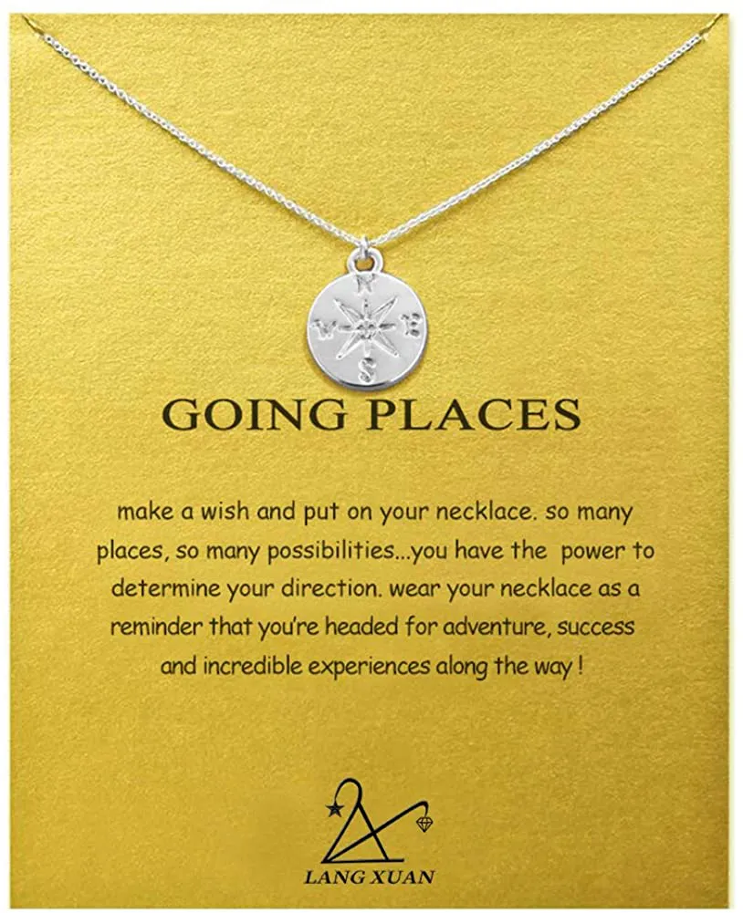 LANG XUAN Friendship Compass Necklace Good Luck Butterfly Pendant Chain Necklace with Message Card Gift Card for Women Girl