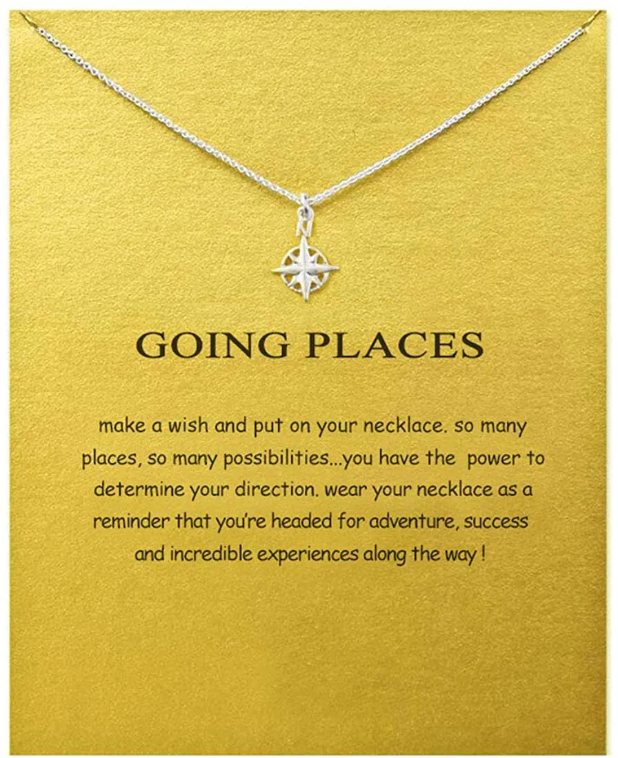 LANG XUAN Friendship Compass Necklace Good Luck Butterfly Pendant Chain Necklace with Message Card Gift Card for Women Girl