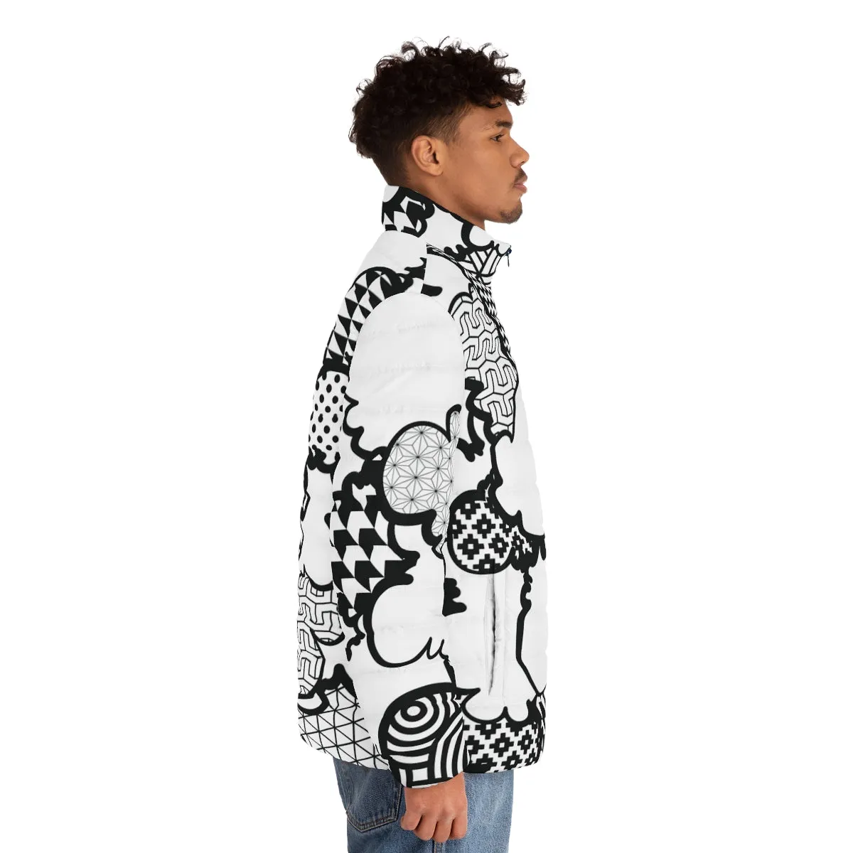 Men's Black and White Graffiti Clouds Puffer Jacket 001