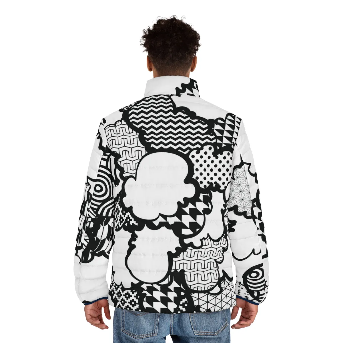 Men's Black and White Graffiti Clouds Puffer Jacket 001