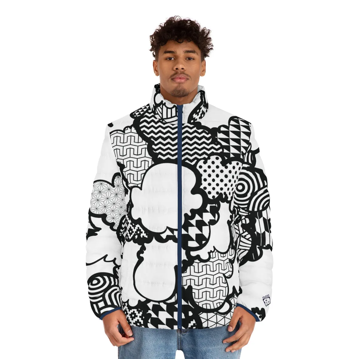 Men's Black and White Graffiti Clouds Puffer Jacket 001