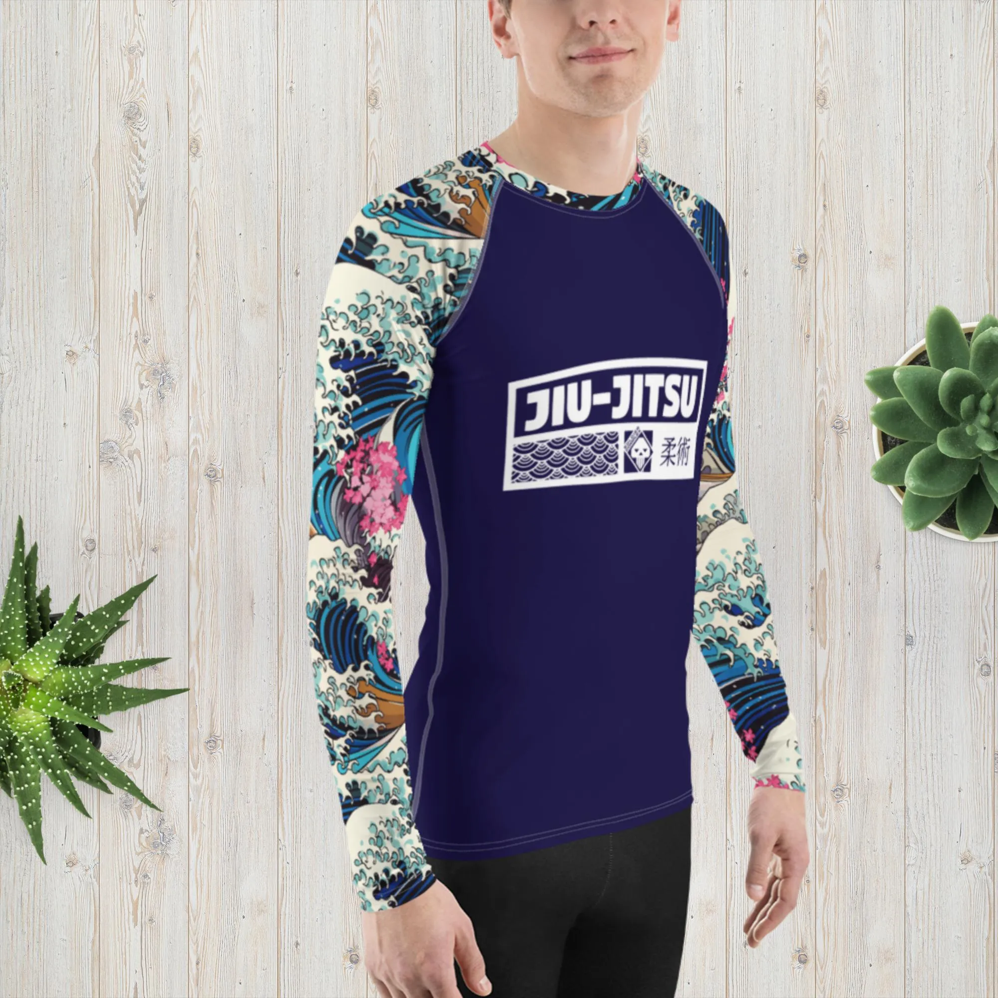 Mens Long Sleeve BJJ Rash Guard - Jiu-Jitsu 021 - The Great Wave Sakura 002