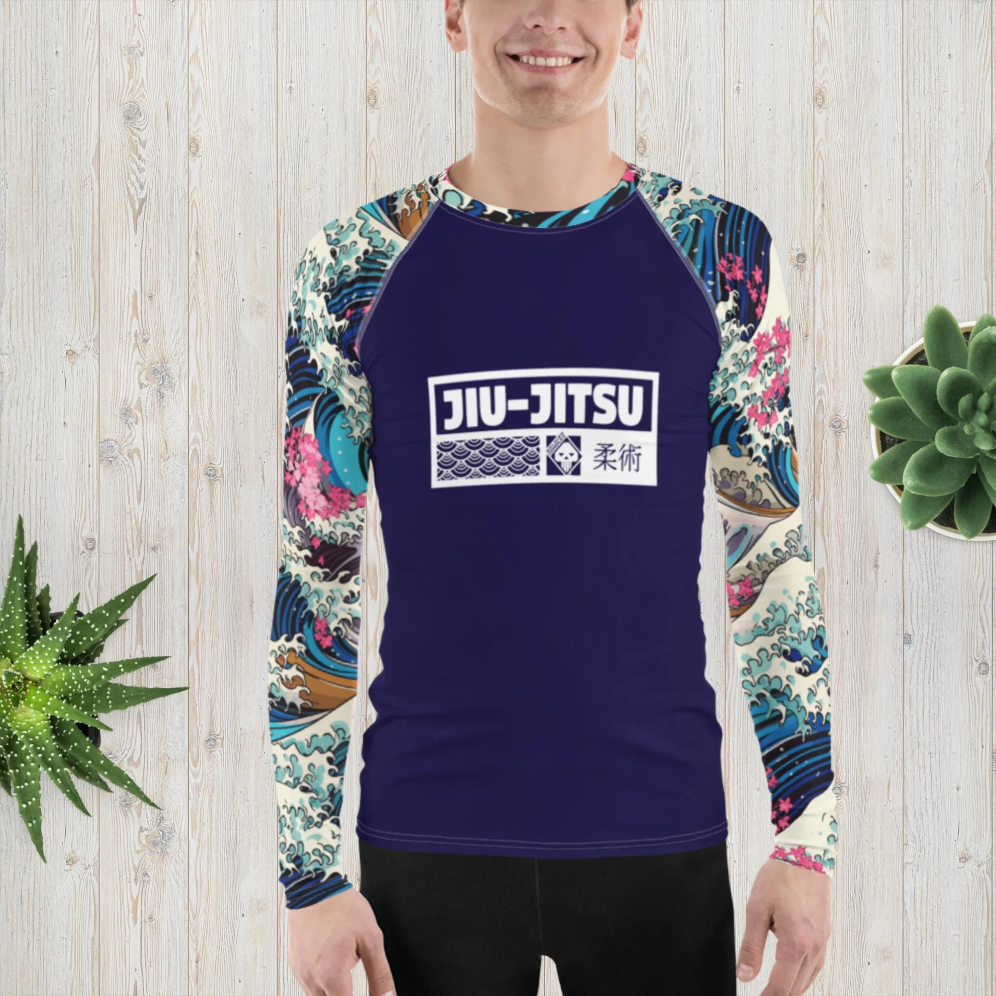 Mens Long Sleeve BJJ Rash Guard - Jiu-Jitsu 021 - The Great Wave Sakura 002