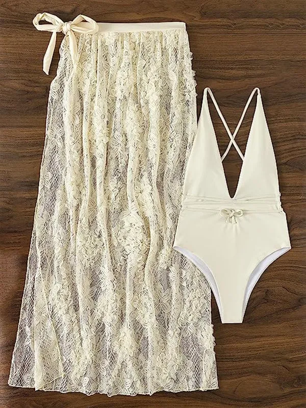 Momnfancy Cream Two Piece Cut Out Backless Side Slit Deep V-neck Bikini With Sheer Lace Skirt Elegant Pool Party Vacation Maternity Beach Photoshoot Swimwear