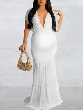 Momnfancy Irregular Ruffle Smocked Backless Deep V-neck Mermaid Elegant Maternity Photoshoot Baby Shower Paty Midi Dress