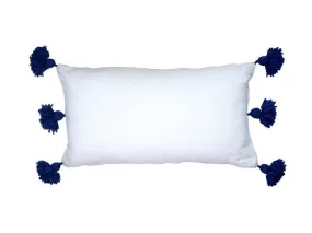 Moroccan PomPom Lumbar Pillow Cover - White with Blue Pom Poms