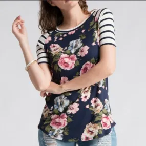 Navy Stripe and Floral Top