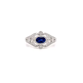 Oval Sapphire Ring with Side Diamonds and Filigree in 14K White Gold