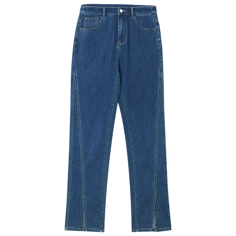 Slant Slit Denim Straight Leg Full Length Jeans