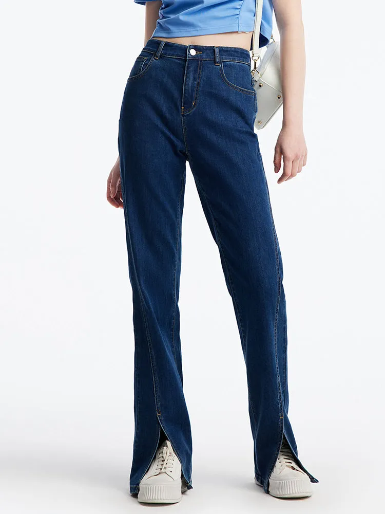 Slant Slit Denim Straight Leg Full Length Jeans