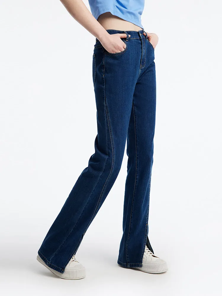 Slant Slit Denim Straight Leg Full Length Jeans