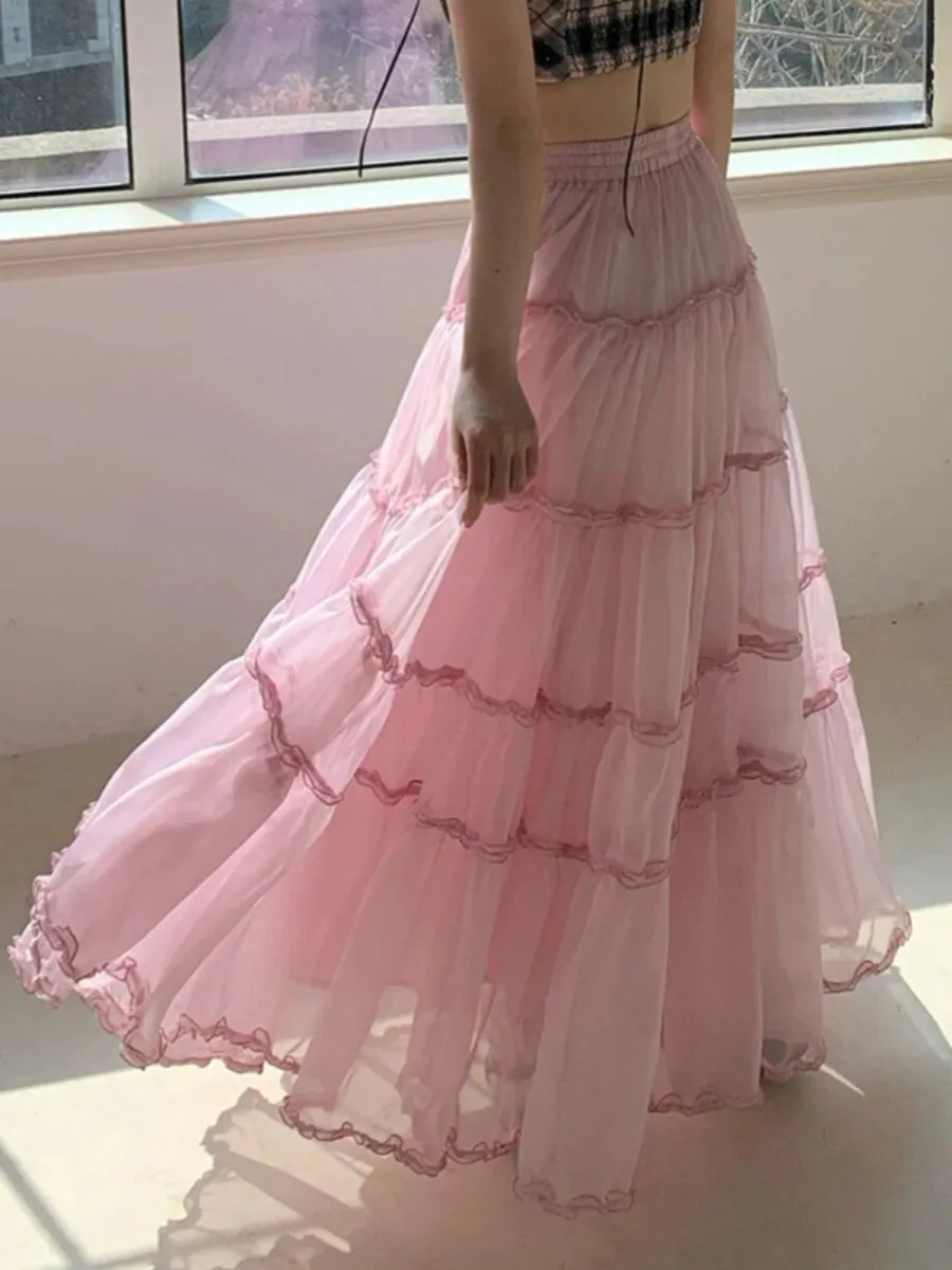 Slimming Flowy Lettuce Ruffle Tiered Long Tulle Flare Skirt