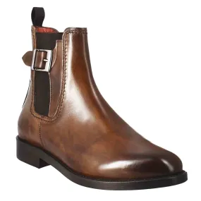 Stivaletto da donna liscio con tacco basso in pelle liscia colore marrone chiaro con fibbia laterale